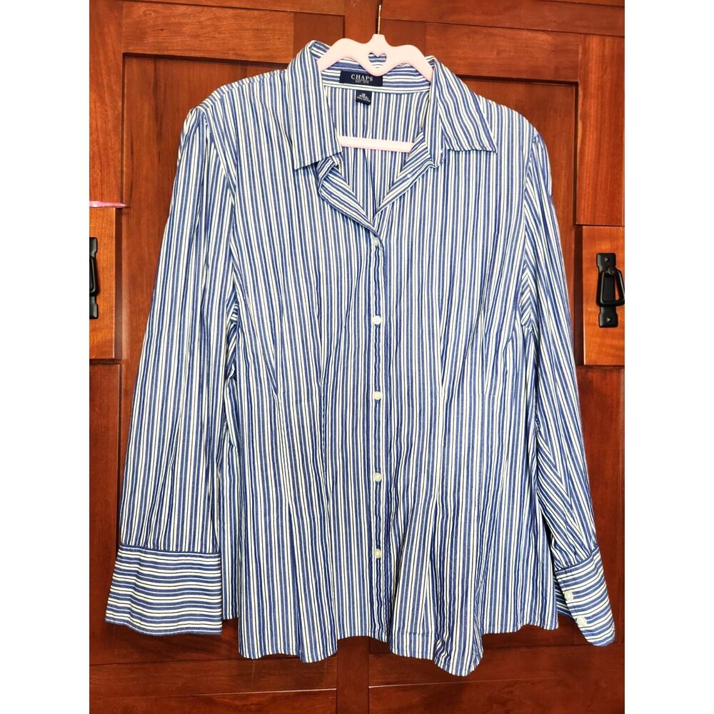 Chaps Blue White Black Striped Shirt Button Up Long Sleeves 100% Cotton Size 1X
